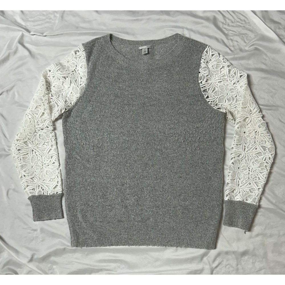 Halogen Gray Wool Alpaca Blend Lace Sleeve Crewneck Sweater Womens Medium Petite